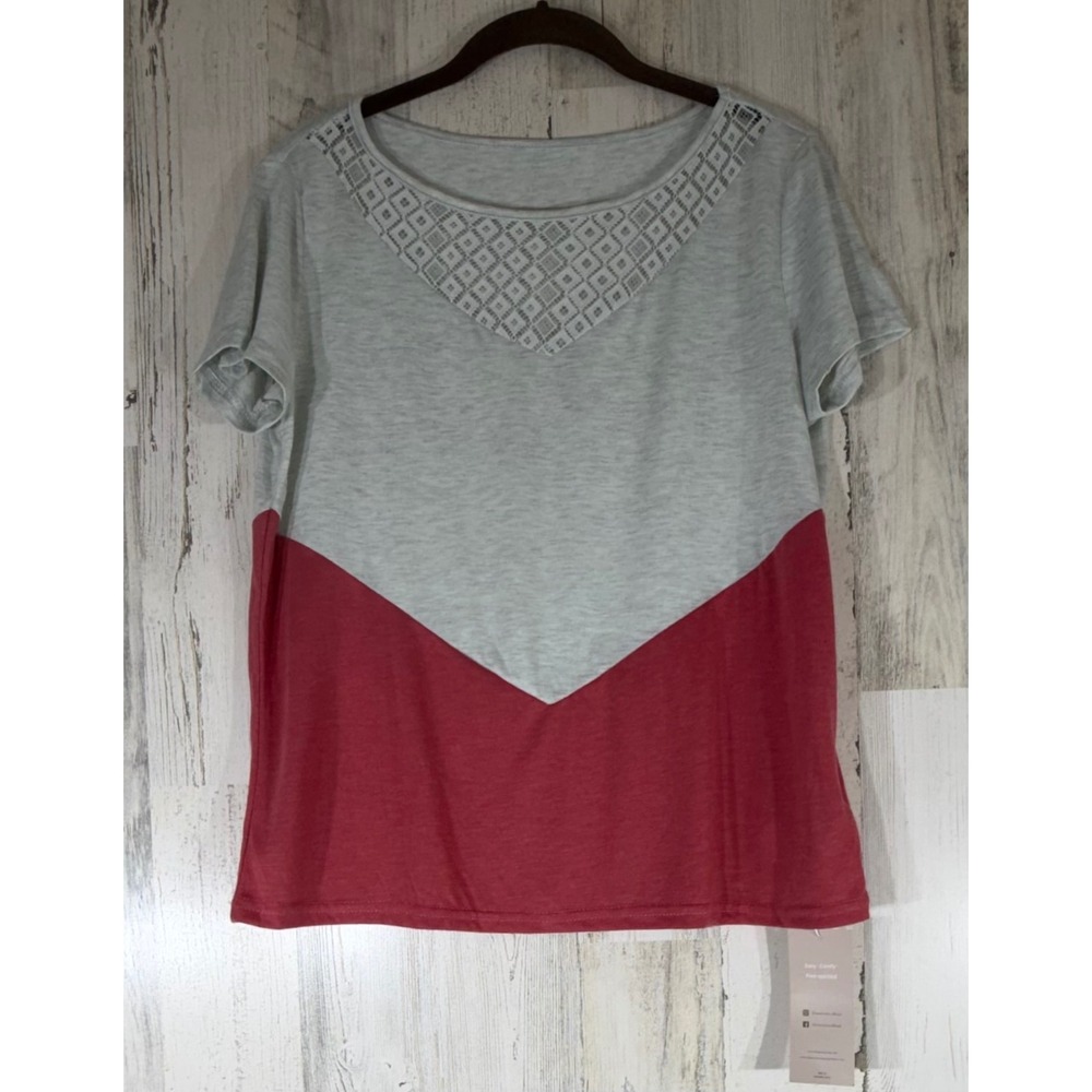 Emery Rose T-Shirt Top Size Medium Gray Pink Colorblock Jersey Crochet Lace Neck